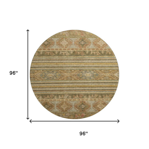 8' Beige Gold And Gray Medallion Washable Round Rug With UV Protection