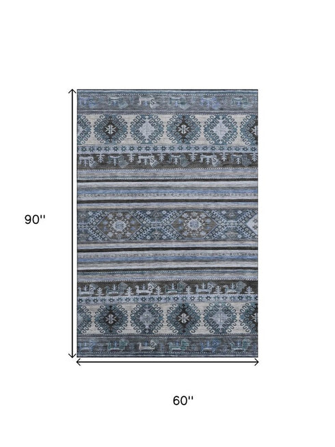 5' X 8' Blue Ivory And Gray Medallion Washable Area Rug With UV Protection