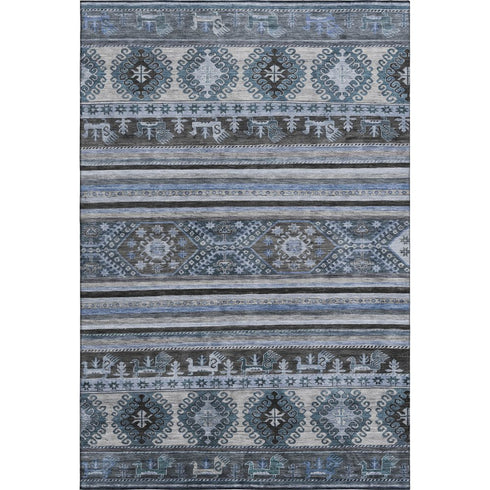 5' X 8' Blue Ivory And Gray Medallion Washable Area Rug With UV Protection