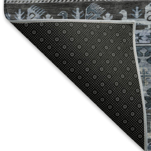 5' X 8' Blue Ivory And Gray Medallion Washable Area Rug With UV Protection