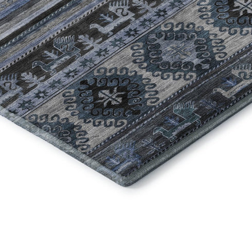 5' X 8' Blue Ivory And Gray Medallion Washable Area Rug With UV Protection