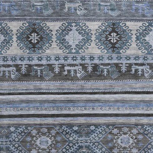 5' X 8' Blue Ivory And Gray Medallion Washable Area Rug With UV Protection