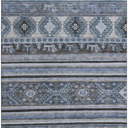 5' X 8' Blue Ivory And Gray Medallion Washable Area Rug With UV Protection