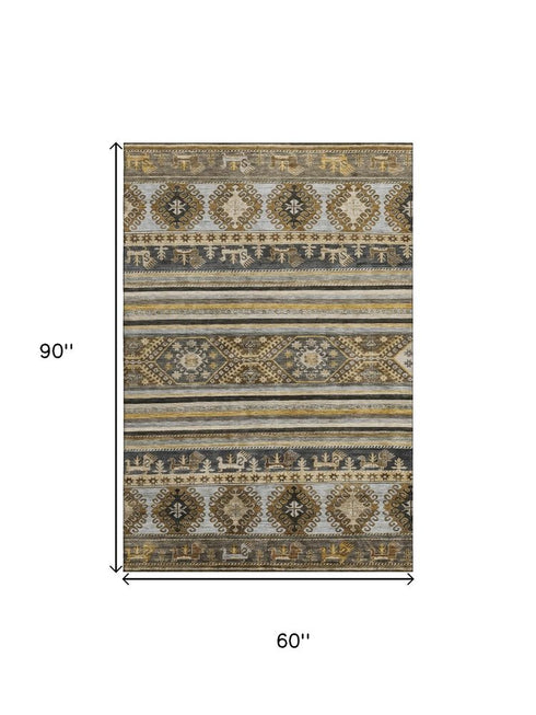 5' X 8' Chocolate Ivory And Gray Medallion Washable Area Rug With UV Protection