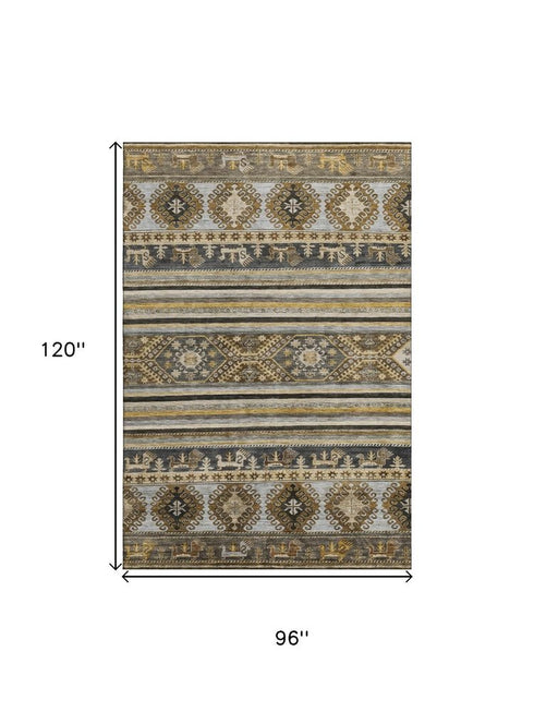 8' X 10' Chocolate Ivory And Gray Medallion Washable Area Rug With UV Protection
