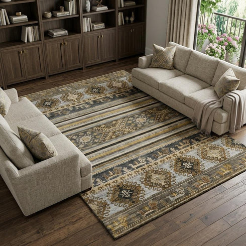 8' X 10' Chocolate Ivory And Gray Medallion Washable Area Rug With UV Protection