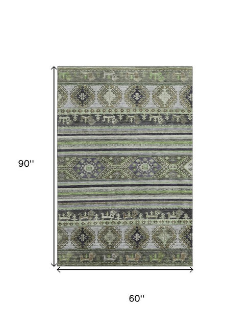 5' X 8' Fern Green Ivory And Gray Medallion Washable Area Rug With UV Protection