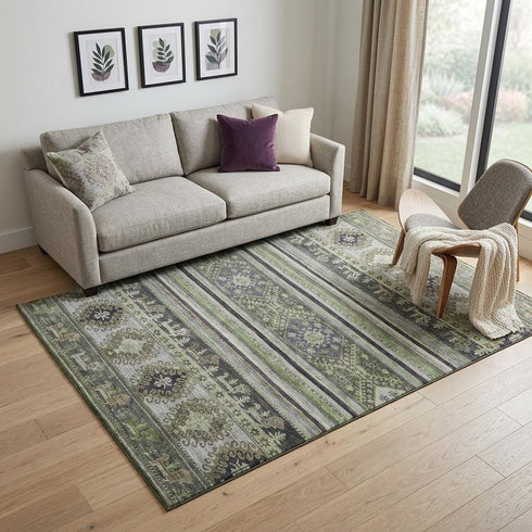 5' X 8' Fern Green Ivory And Gray Medallion Washable Area Rug With UV Protection