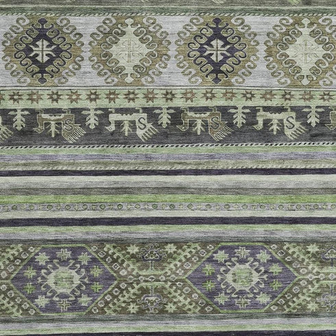 5' X 8' Fern Green Ivory And Gray Medallion Washable Area Rug With UV Protection