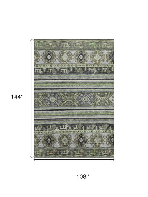 9' X 12' Fern Green Ivory And Gray Medallion Washable Area Rug With UV Protection