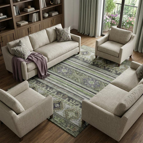 9' X 12' Fern Green Ivory And Gray Medallion Washable Area Rug With UV Protection