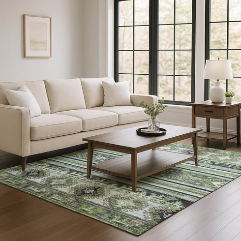 9' X 12' Fern Green Ivory And Gray Medallion Washable Area Rug With UV Protection