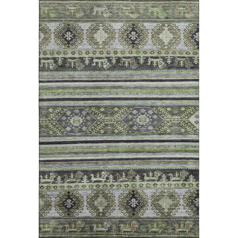 9' X 12' Fern Green Ivory And Gray Medallion Washable Area Rug With UV Protection