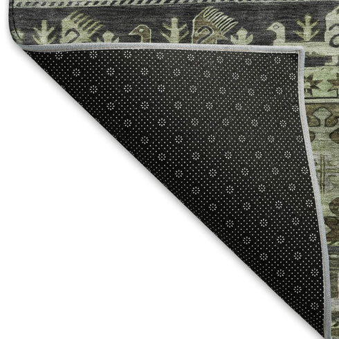 9' X 12' Fern Green Ivory And Gray Medallion Washable Area Rug With UV Protection