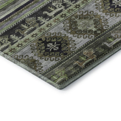 9' X 12' Fern Green Ivory And Gray Medallion Washable Area Rug With UV Protection