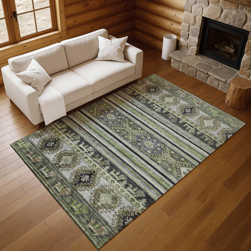 9' X 12' Fern Green Ivory And Gray Medallion Washable Area Rug With UV Protection