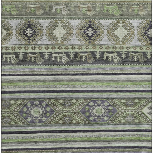 9' X 12' Fern Green Ivory And Gray Medallion Washable Area Rug With UV Protection