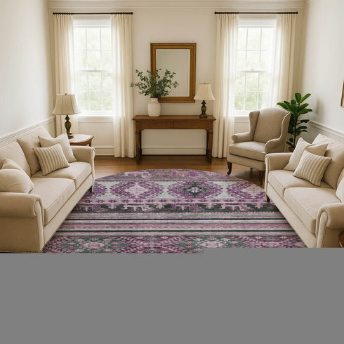 8' Purple Gray And Ivory Medallion Washable Round Rug With UV Protection