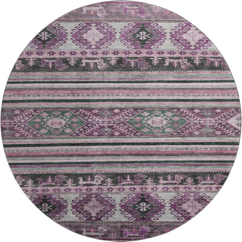 8' Purple Gray And Ivory Medallion Washable Round Rug With UV Protection