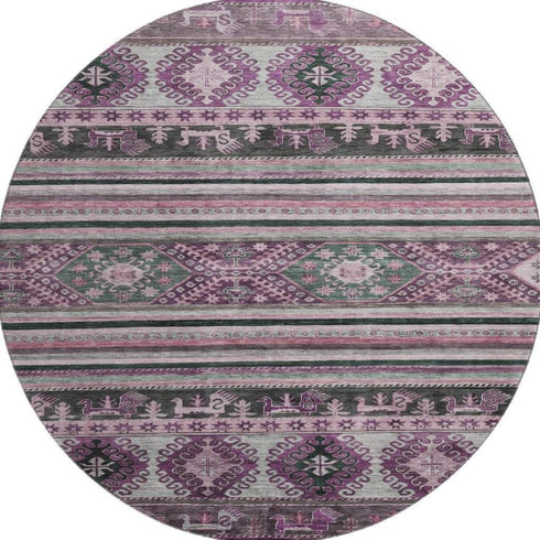 8' Purple Gray And Ivory Medallion Washable Round Rug With UV Protection