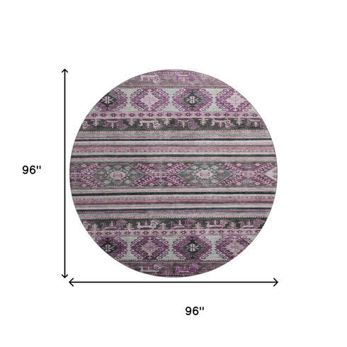 8' Purple Gray And Ivory Medallion Washable Round Rug With UV Protection