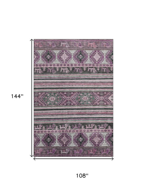 9' X 12' Purple Gray And Ivory Medallion Washable Area Rug With UV Protection