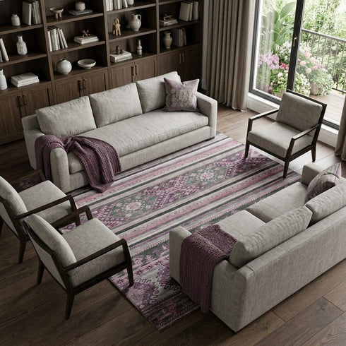 9' X 12' Purple Gray And Ivory Medallion Washable Area Rug With UV Protection