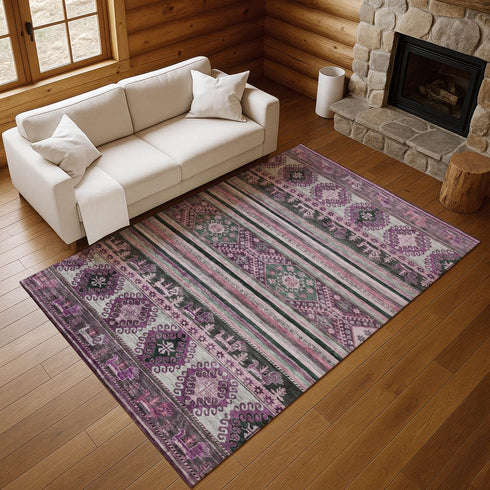 9' X 12' Purple Gray And Ivory Medallion Washable Area Rug With UV Protection