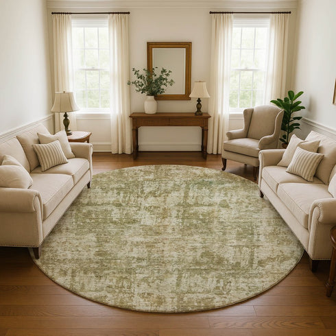 8' Taupe And Beige Abstract Washable Round Rug With UV Protection