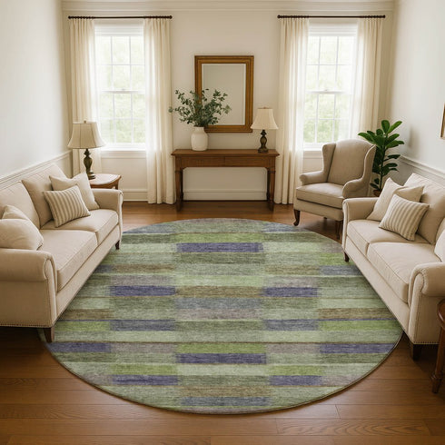 8' Artichoke Green Purple And Taupe Striped Washable Round Rug With UV Protection