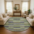 8' Artichoke Green Purple And Taupe Striped Washable Round Rug With UV Protection