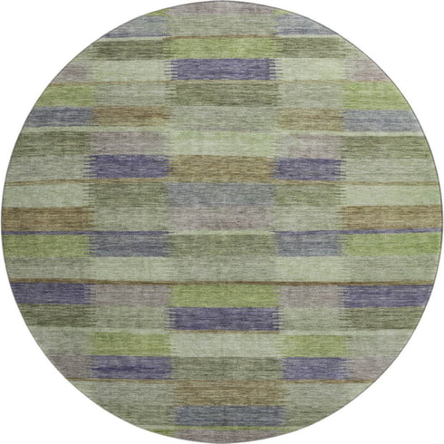 8' Artichoke Green Purple And Taupe Striped Washable Round Rug With UV Protection