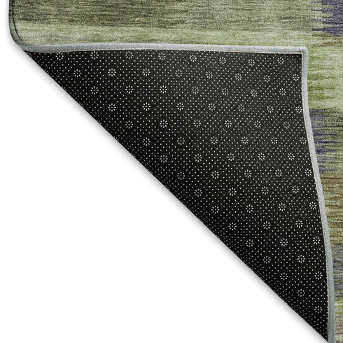 8' Artichoke Green Purple And Taupe Striped Washable Round Rug With UV Protection