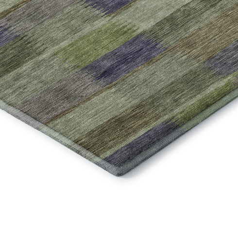 8' Artichoke Green Purple And Taupe Striped Washable Round Rug With UV Protection