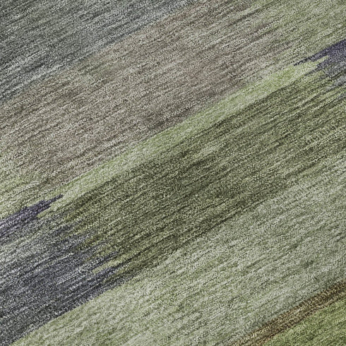 8' Artichoke Green Purple And Taupe Striped Washable Round Rug With UV Protection