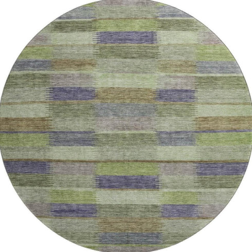 8' Artichoke Green Purple And Taupe Striped Washable Round Rug With UV Protection