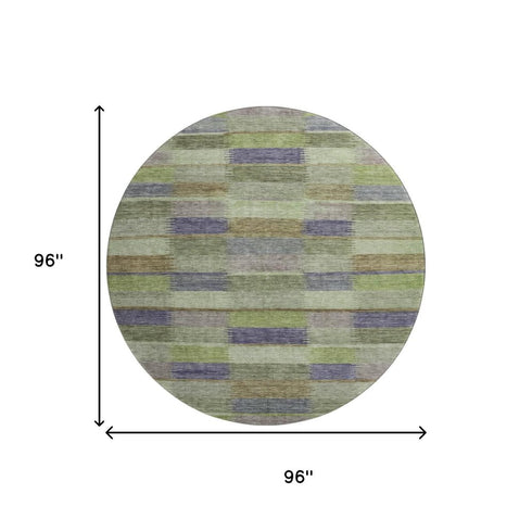 8' Artichoke Green Purple And Taupe Striped Washable Round Rug With UV Protection