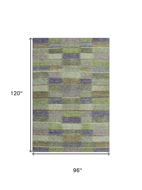 8' X 10' Artichoke Green Purple And Taupe Striped Washable Area Rug With UV Protection