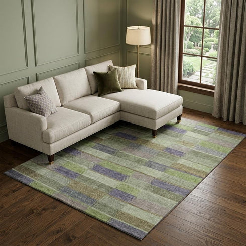 8' X 10' Artichoke Green Purple And Taupe Striped Washable Area Rug With UV Protection