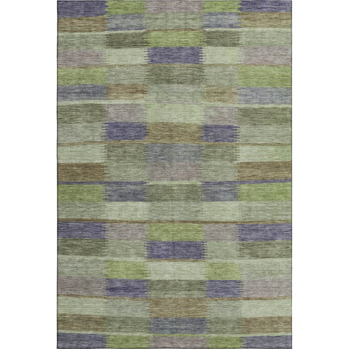 8' X 10' Artichoke Green Purple And Taupe Striped Washable Area Rug With UV Protection