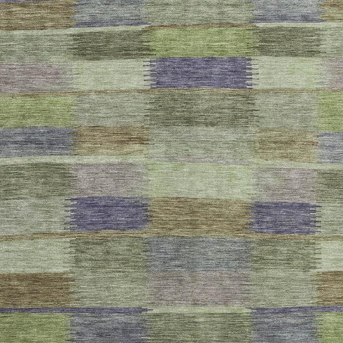 8' X 10' Artichoke Green Purple And Taupe Striped Washable Area Rug With UV Protection