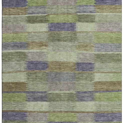 8' X 10' Artichoke Green Purple And Taupe Striped Washable Area Rug With UV Protection