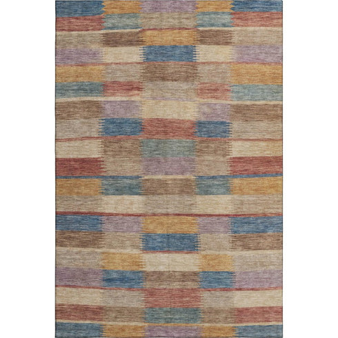 5' X 8' Beige Blue And Gold Striped Washable Area Rug With UV Protection