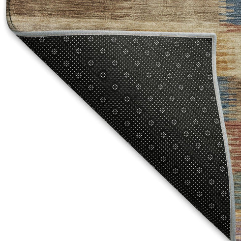 5' X 8' Beige Blue And Gold Striped Washable Area Rug With UV Protection