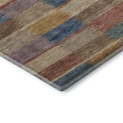 5' X 8' Beige Blue And Gold Striped Washable Area Rug With UV Protection