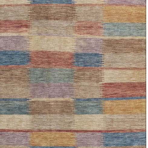 5' X 8' Beige Blue And Gold Striped Washable Area Rug With UV Protection
