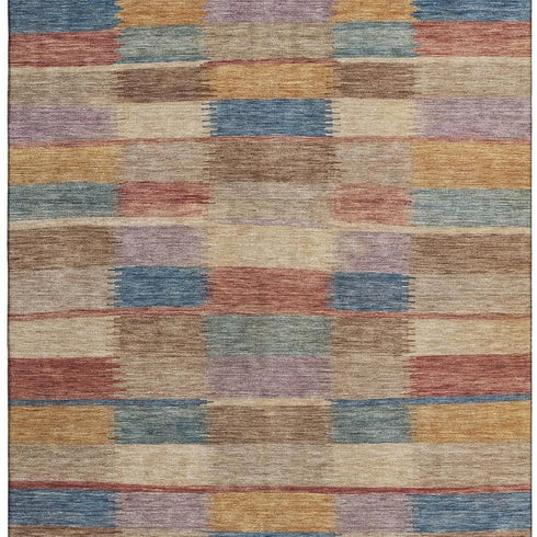 8' X 10' Beige Blue And Gold Striped Washable Area Rug With UV Protection