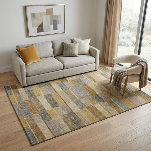 5' X 8' Brown Beige And Gray Striped Washable Area Rug With UV Protection