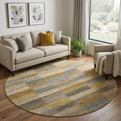 8' Brown Beige And Gray Striped Washable Round Rug With UV Protection