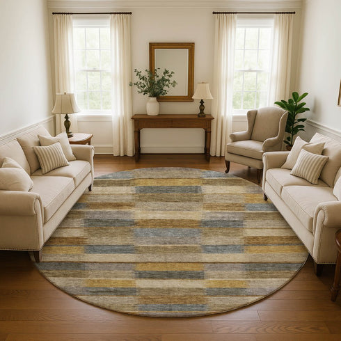8' Brown Beige And Gray Striped Washable Round Rug With UV Protection